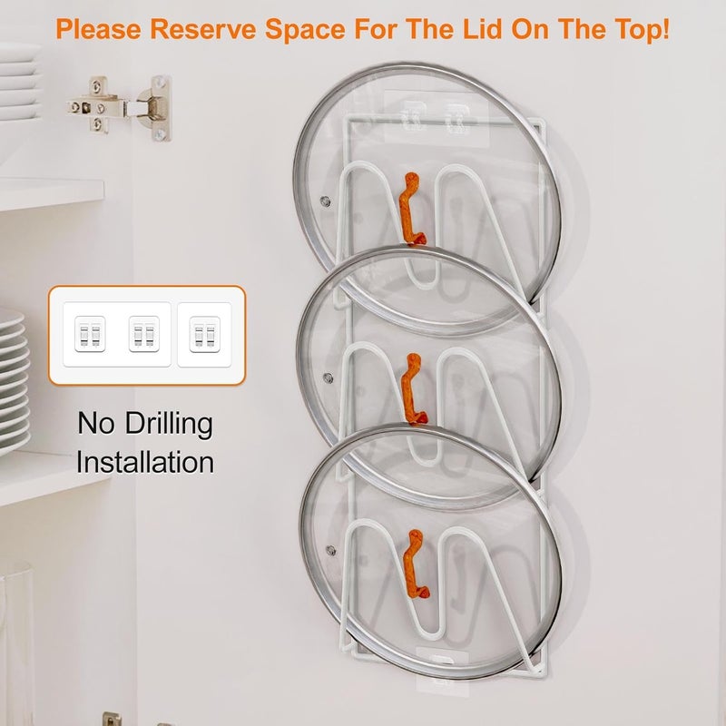 Durmmur 2 Pack Pot Lid Organizer Rack, 6-Tier Pot Lids Holder for Cabinet Door/Wall, No Drilling Adhesive Wall/Door Mounted Rustproof Pot and Pan Cover for Kitchen Storage, White - Image 4